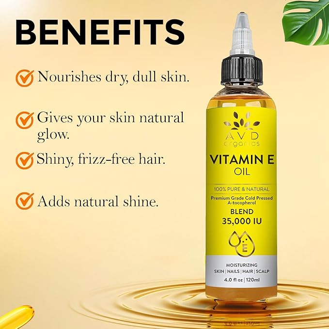 AVD ORGANICS Vitamin E Oil for Skin - 100% Pure & Natural, 35,000 IU | Premium Grade, Cold-Pressed and Tocopherol Vit E Oil to Repair Dry, Damaged Skin| Moisturizing, Hair and Scalp 4.05 Fl Oz