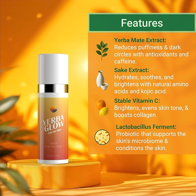 Dark Circle Eye Treatment - Yerba Glow Caffeine Eye Cream for Puffiness & Bags - Under Eye Serum with Hyaluronic Acid, Peptides & Vitamin C - 0.5 oz Natural