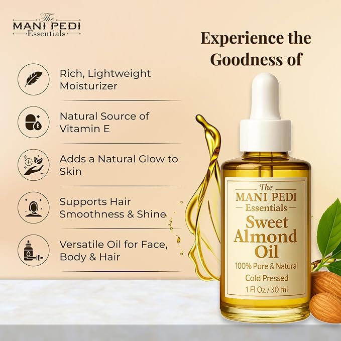 TMPE 100% Pure, Organic Sweet Almond Oil. Cold Pressed Natural Moisturizing Oil for Hair, Skin & Body - 1 Fl Oz