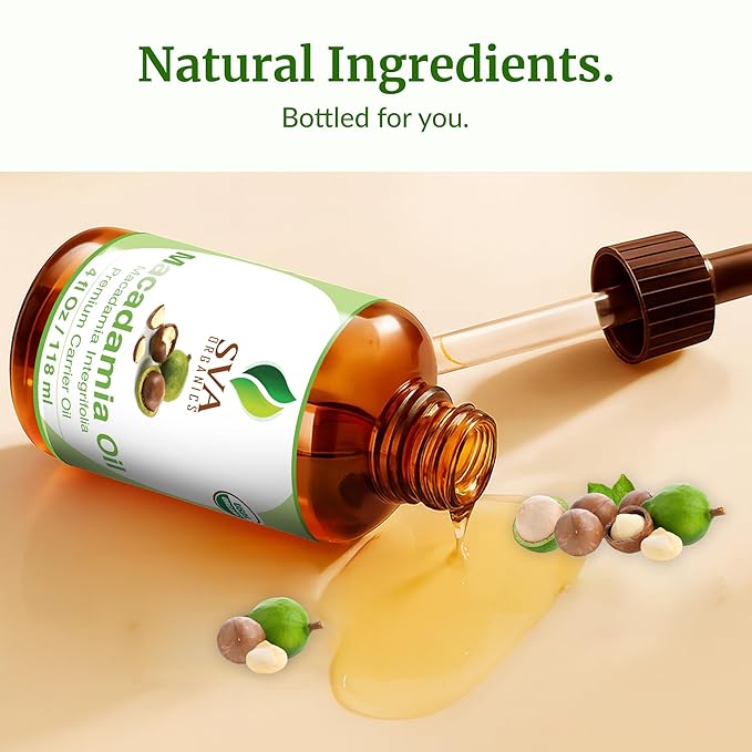 SVA Macadamia Seed Oil Organic - 4 Fl Oz – 100% Natural Cold Pressed Organic Macadamia Oil - for Face, Skin Care, Hair Care, Scalp Massage & Body Massage – Carrier Oil with Dropper