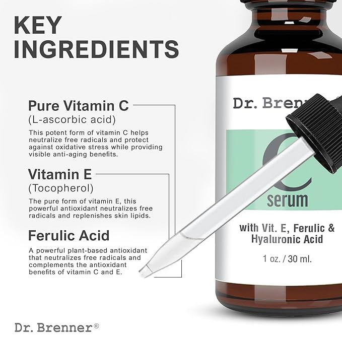 Dr. Brenner Vitamin C Serum for Face with 20 L-ascorbic Acid, Ferulic Acid, Vitamin E and Hyaluronic Acid