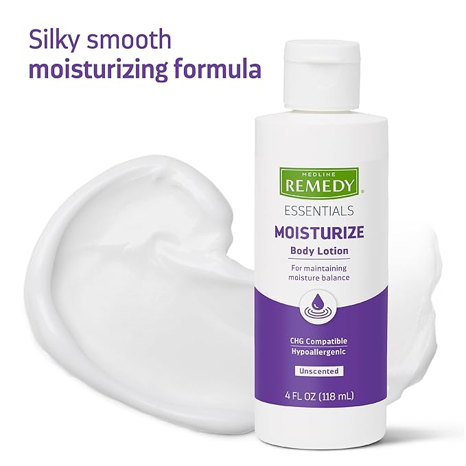 Medline Remedy Essentials Moisturizing Body Lotion (4 oz Bottle), Unscented, Hydrating, Non-Greasy, For Dry Skin, Hypoallergenic, Men, Women, Elderly