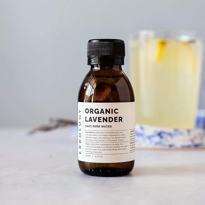 Erbology Organic Lavender Water 3.4 fl oz - Premium Food Grade Hydrolate of Lavender - Soothing and Relaxing - Non-GMO - Recyclable Glass Bottle