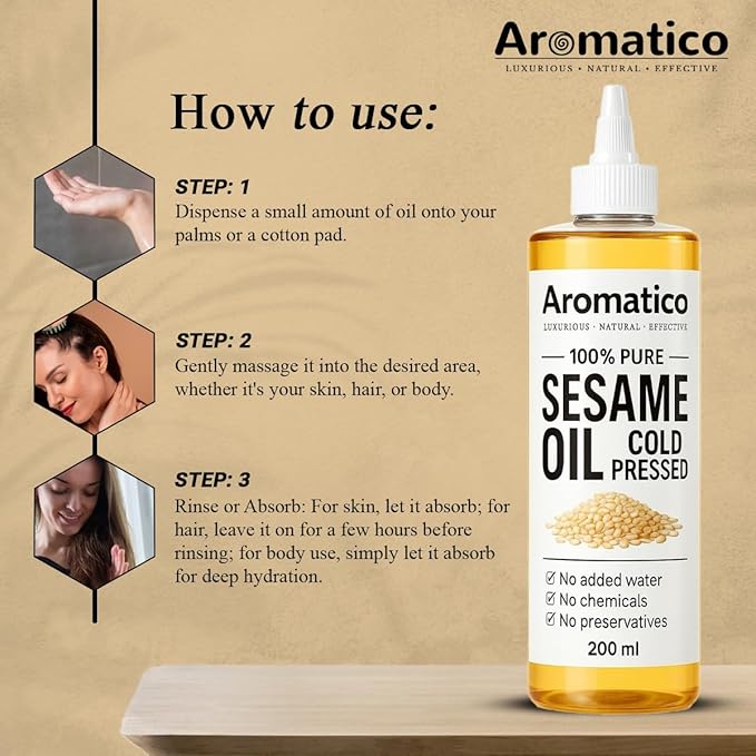 Aromatico 100% Pure Cold Pressed Sesame Oil for Skin, Hair & Massage – Lightweight, Non-Greasy Daily Care Oil, No Added Chemicals or Preservatives - 7 Fl Oz
