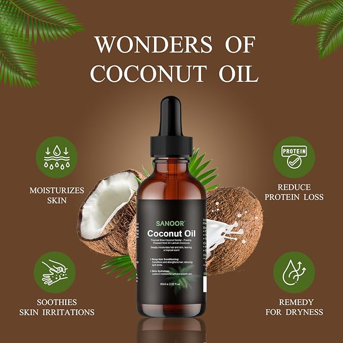 SANOOR Coconut Oil for Hair & Skin | Cold-Pressed from Sri Lankan Coconuts | Deep Hair Conditioning, Skin Hydration | 100% Pure Natural, Vegan | Tropical Scent | 60ml