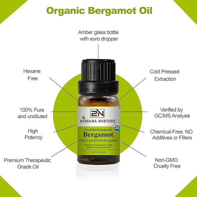 Bergamot Essential Oil, USDA Certified Organic, 100% Pure Undiluted, Aromatherapy Oil for Diffuser, Hair & Skin Care