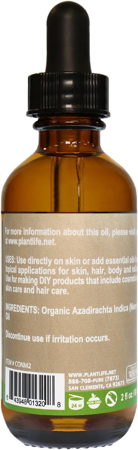 Plantlife Neem Carrier Oil - Cold Pressed, Non-GMO, and Gluten Free Carrier Oils - for Skin, Hair, and Personal Care - 2 oz