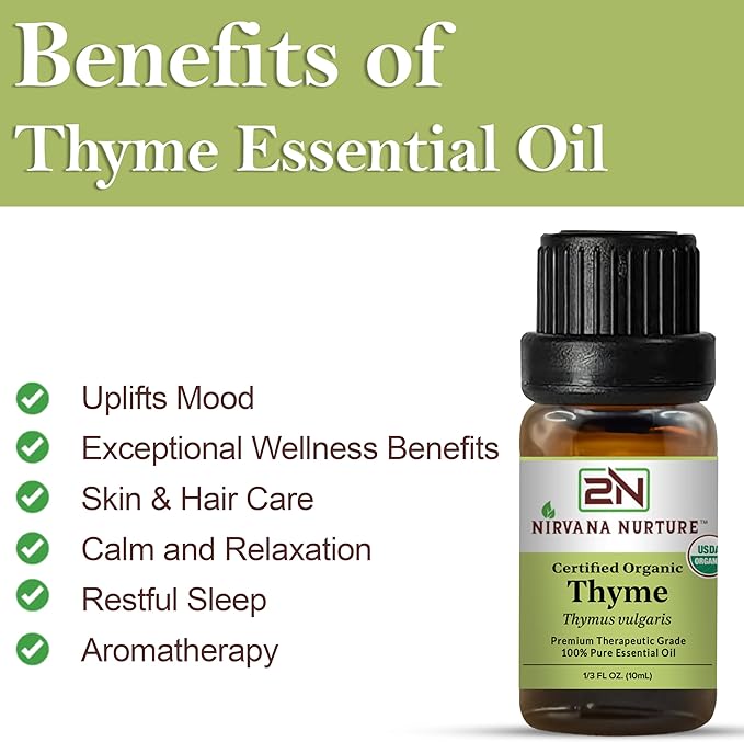 Thyme Essential Oil, USDA Certified Organic, 100% Pure Undiluted, Aromatherapy Oil for Diffuser, Hair & Skin Care