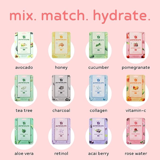 PB & JAY Purenature Facial Mask – Premium Quality Korean Sheet Mask for Dry Skin – Korean Collagen Essence Hydrating Facemask Sheet (Pomegranate)