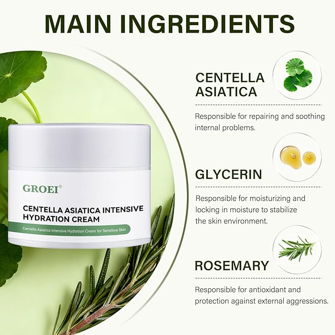 Centella Asiatica Intensive Hydration Cream, 85% Natural Ingredients, Long-Lasting Moisturizer for Sensitive & Dry Skin, Face Moisturizer Cream, 50g