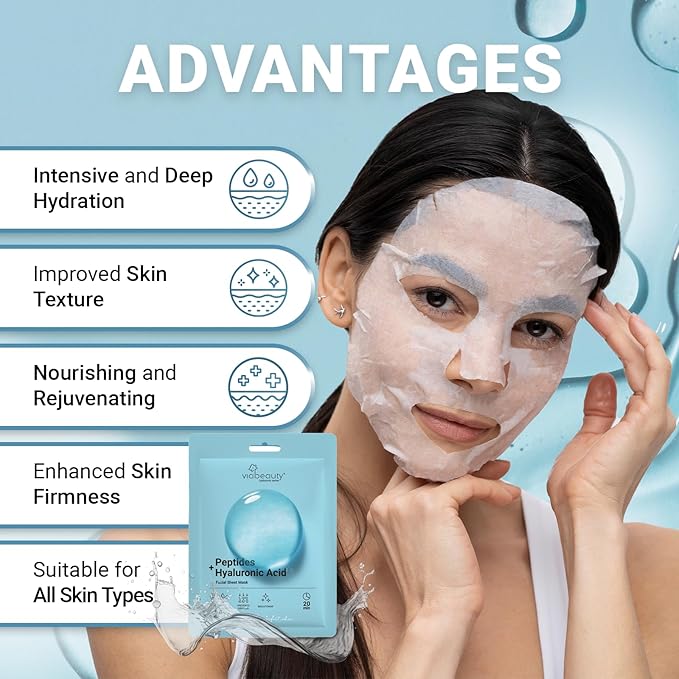 VIABEAUTY 24 Pack of Hyaluronic Acid Face Mask with Peptides Complex - Deep Hydrating & Brightening Facial Sheet Mask - Moisturizing Face Masks Skincare Facial Sheets for All Skin Types