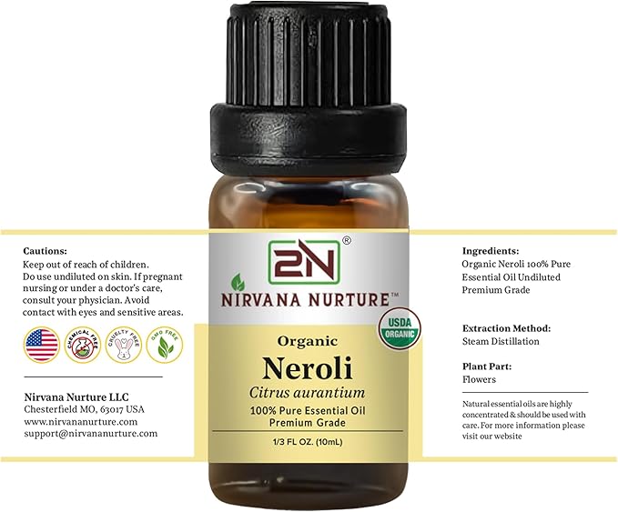 Neroli Essential Oil, USDA Certified Organic, 100% Pure Undiluted, Aromatherapy Oil for Diffuser, Hair & Skin Care