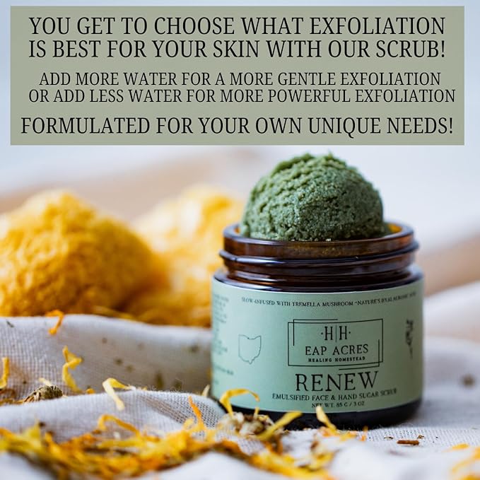 Emulsified Face Sugar Scrub, Organic squalane oil/Castor oil: Tremella Mushroom/Chamomile/Gotu Kola/Calendula/White Kaolin Clay, Manuka Honey-Gentle exfoliant-Dry/Sensitive/Mature skin (RENEW)