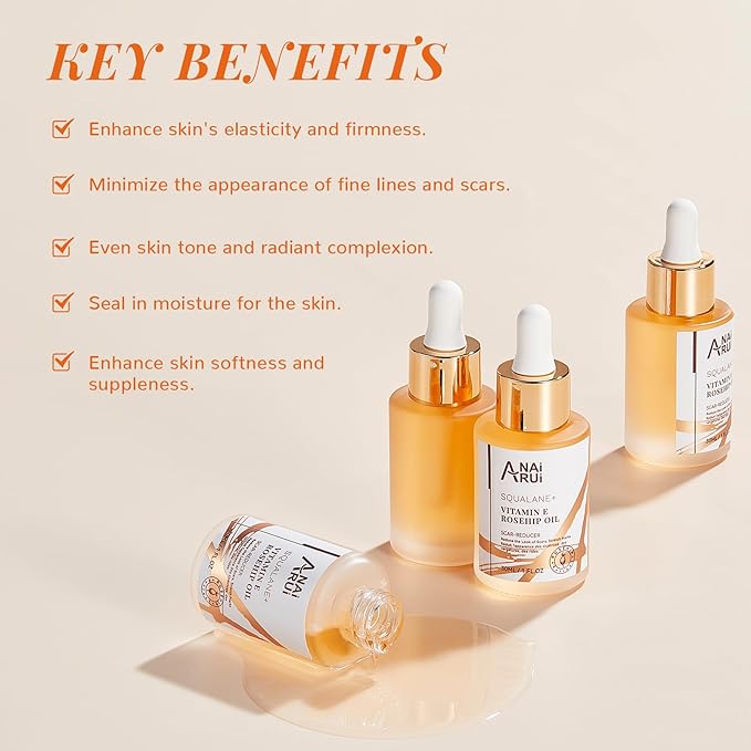 ANAI RUI Squalane + Vitamin E Rosehip Oil Moisturizer for Face,Hair,Skin& Nail Hydrate, Reduce Scars and Stretch Marks, Wrinkles for Smoother, Softer Skin 1 fl. Oz