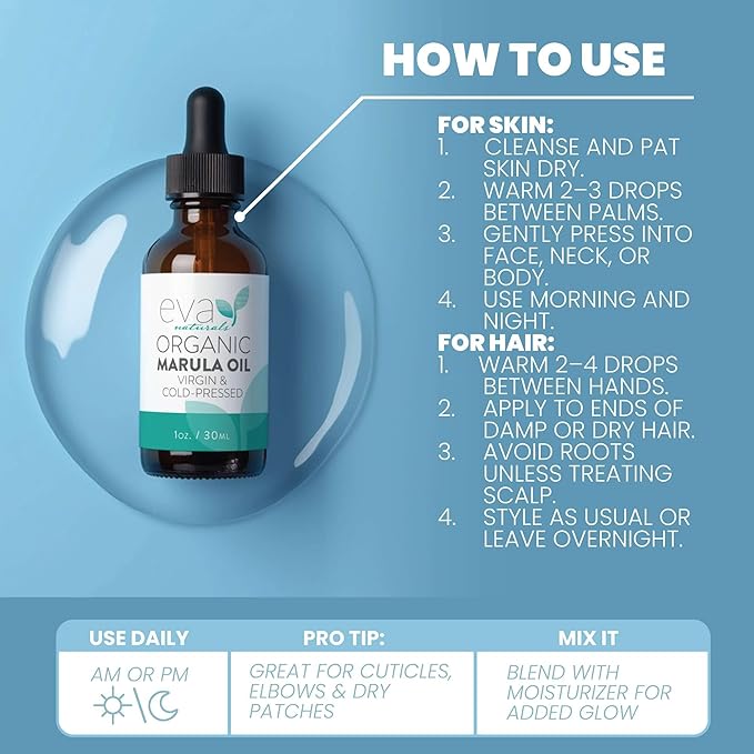Eva Naturals Marula Oil – 100% Pure Cold Pressed Oil for Face, Hair, Skin & Body – Lightweight Facial & Massage Serum – Moisturizer for Aging Care, Gua Sha & Beard Use – 1 Oz