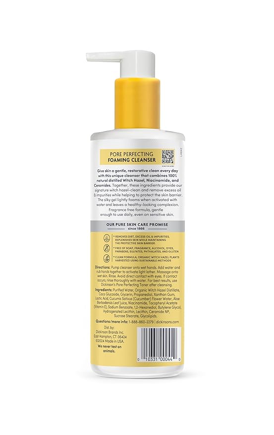 Dickinson's Original Witch Hazel Pore Perfecting Facial Cleanser, 12 Fl Oz, For Normal to Oily Skin, Removes Excess Oil, Refines and Clears Pores, Alcohol-Free Face Wash