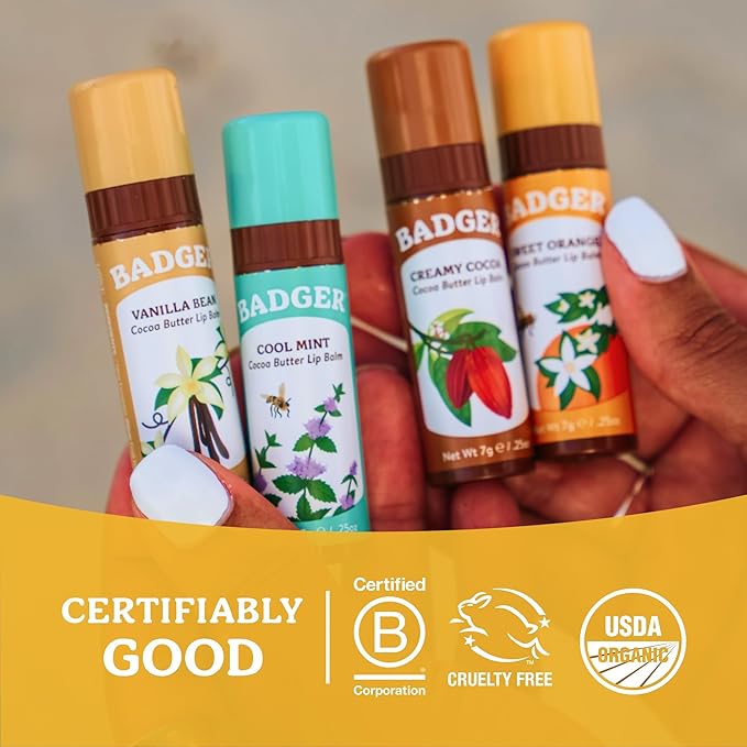 Badger Sweet Orange Cocoa Butter Lip Balm, 100% Organic Lip Balm, Hydrating Long Lasting Lip Moisturizer, Large Stick Lip Care, 4-pack
