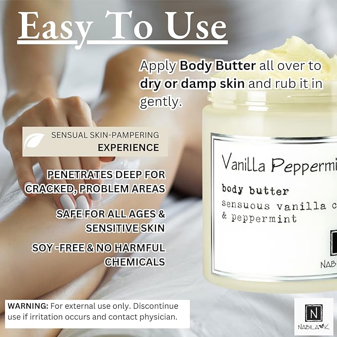 Nabila K Body Butter - Daily Moisturizer for Body Care - Skin Hydrating Deep Moisturizing - Natural Ingredients - Vanilla & Peppermint - 2 oz