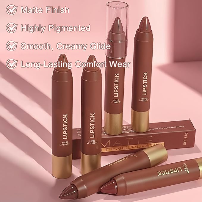 Matte Lipstick Lip Crayon, Nude Brown Long Lasting Lip Stick, Waterproof Velvet Lip Liner Pencil for Women, 24 Hour Neutral Lipstick, B01