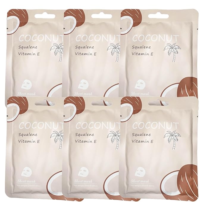 Vegan Organic Face Mask Sheet – Hydrating, Moisturizing & Brightening Skincare with Natural Ingredients for Glowing, Healthy Skin, 6 Count, Coconut