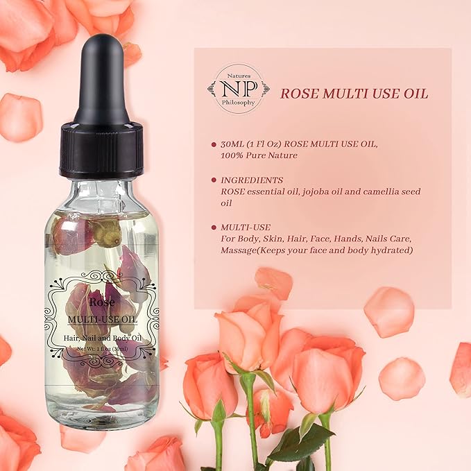 NP NATURES PHILOSOPHY Rose Multi-Use Oil, Organic Plant Fragrant Essential Oil Rose Oil for Face, Hair, Body, Nails Care and Massage - 1 Fl Oz