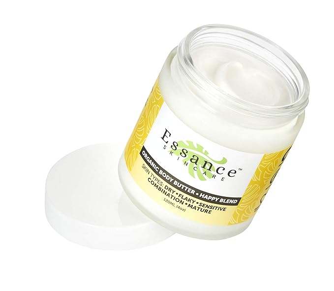 Essance - Organic Body Butter, Non-Irritating & Nourishing Natural Body Butter, Shea Butter for Sensitive Skin, Mature, & Normal Skin Types, Happy Blend, 120m