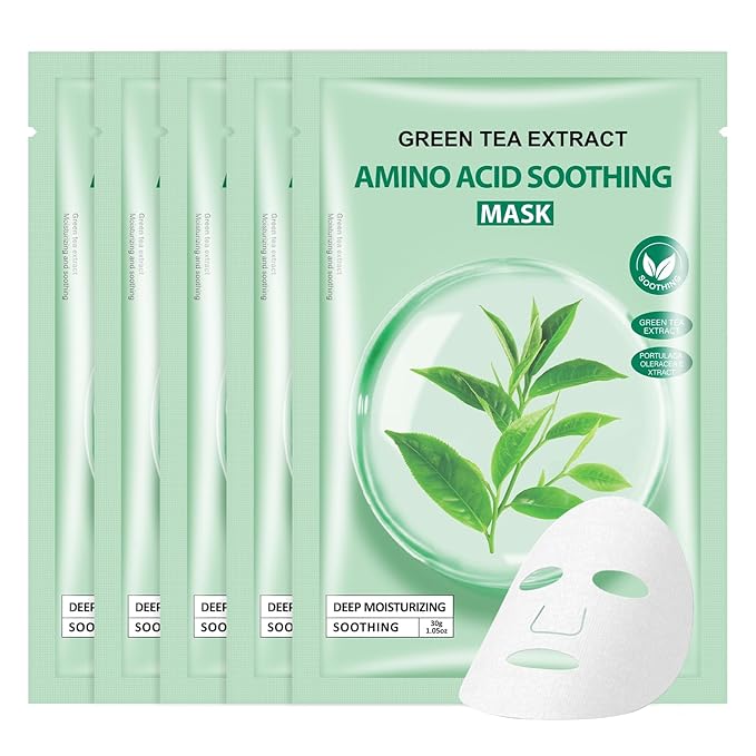 Face Masks Skincare, Pack of 5 Sheet Masks, Hydrating Facial Mask for All Skin Types, Deep Moisturizing, Balance Skin Water & Oil, Soothing, Green Tea
