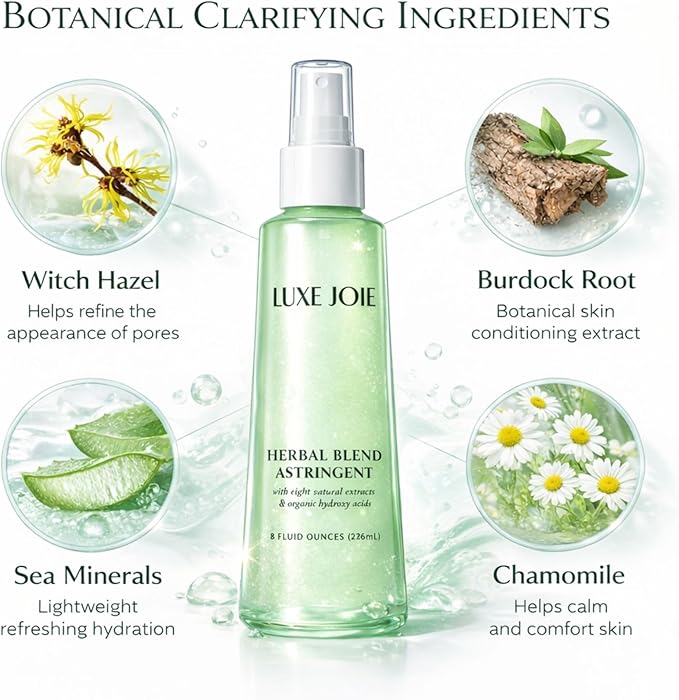 LuxeJoie Astringent Toner Spray – Witch Hazel & Willow Bark Facial Toner for Oily & Combination Skin – Botanical Pore Refining Toner Mist – Herbal Blend Astringent for Oil Control – 8 oz