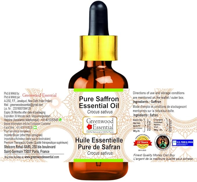 Greenwood Essential Pure Saffron Essential Oil (Crocus sativus) with Glass Dropper Steam Distilled 5ml (0.16 oz)