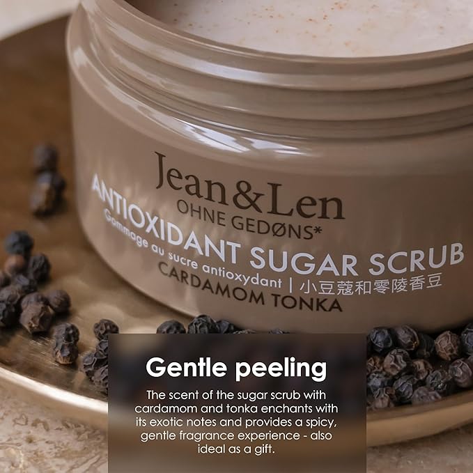 Jean & Len Antioxidant Sugar Scrub Cardamom & Tonka, for a fragrant cleansing experience, with rich oils, minimalistic jar, sugar scrub without parabens & silicones, 6.76 Fl. Oz.