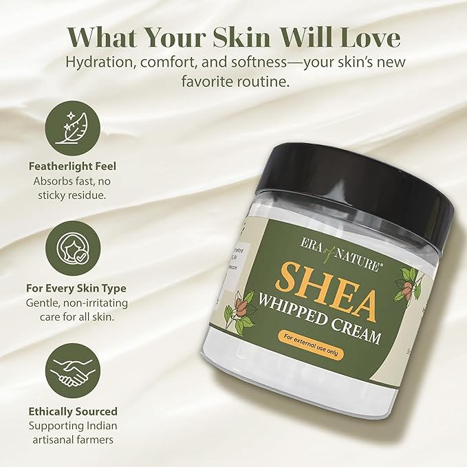 era of nature Shea Butter Whipped Body Cream for Women 8oz - Lightweight Whipped Lotion - Non-Greasy Body Butter Cream Lotion & Balm Moisturizer for Face, Hair & Dry Skin, Vegan Skincare