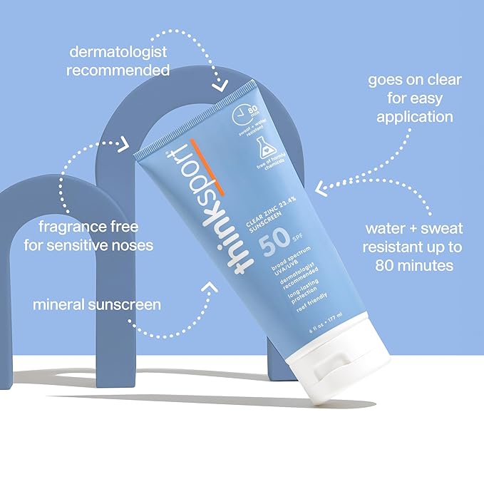 Thinksport SPF 50+ Mineral Sunscreen with Clear Zinc Oxide, 6 Fl Oz – Safe, Natural, Water Resistant, Broad Spectrum UVA/UVB Sun Screen for Sun Protection – Vegan, Reef Safe Sunscreen
