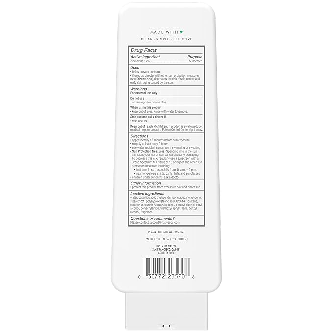 Native Mineral Sunscreen Lotion SPF 30, Pear & Coconut Water Scent, with 100% Mineral Zinc Oxide for Face & Body, Hawaii Compliant, Vegan, No White Cast - 7 oz
