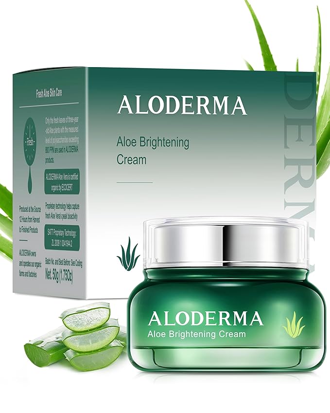 Aloderma Brightening Facial Cream - Made with 69% Organic Aloe Vera - Natural Skin Brightening Squalane & Niacinamide for Flawless Complexion, 1.7oz