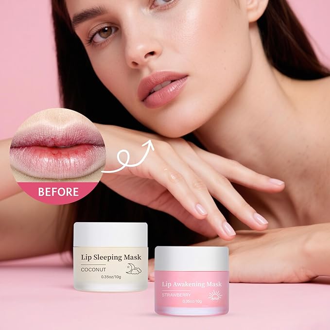 24H Lip Mask Set – Strawberry Day & Coconut Night Care – Hydrating & Softening Lip Sleeping Mask Duo for Dry, Flaky Lips – 10g x 2 (Strawberry and Coconut Set)