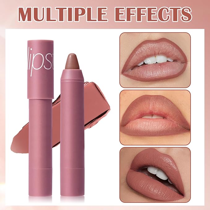 Matte Lipstick Lip Crayon, Rose Pink Long Lasting Lip Stick, Waterproof Velvet Lip Liner Pencil for Women, 24 Hour Neutral Lipstick, C03