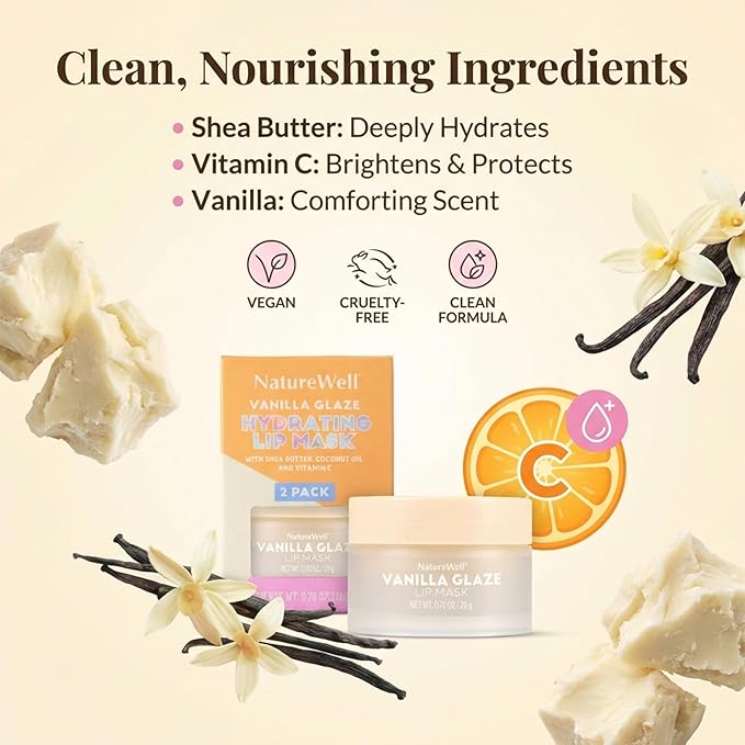 NATURE WELL Vanilla Glaze Hydrating Lip Mask For A Softer, Smoother, Plumper Pout, Nourish & Moisturize Dry Cracked Lips, Made With Shea Butter & Vitamin C, Clean Formula, 0.70 Ounce Each (Pack of 2)