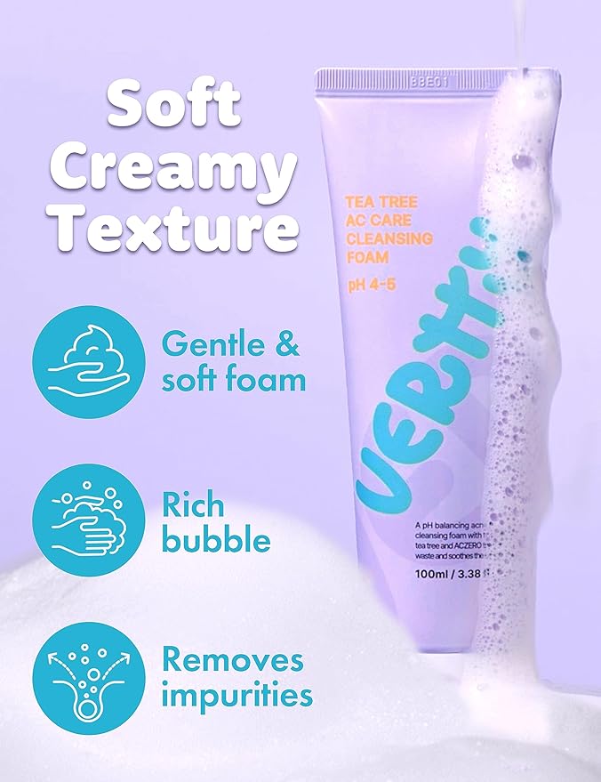 vertty Tea Tree Vegan Cleansing Foam | Daily Oil Control Cleanser | Hydro Boost Exfoliating, Moisturizing, Hydrating, Soothing Cleanser for Sensitive Skin | Teens & Kids Skin Care (3.38oz)
