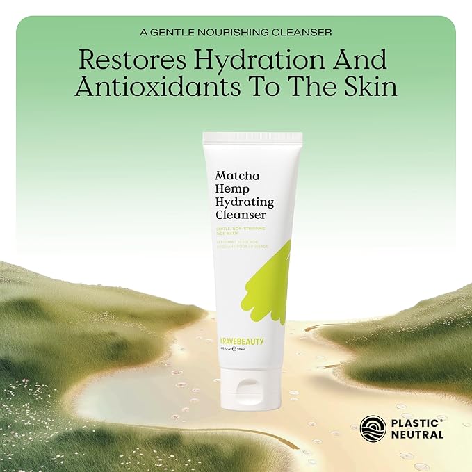 KraveBeauty Matcha Hemp Hydrating Cleanser for Sensitive Skin, 2 Pack, Gentle, Non-Stripping Face Wash with Matcha, Hemp Seed Oil & Glycerin, Fragrance Free, 2 x 120ml