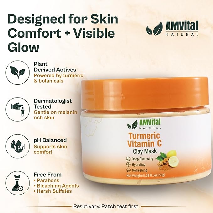 AMVital Turmeric Face Mask, Clay Facial Masks with Vitamin C, Skin Care for Acne and dark Spots, Smooth & Refine Pores, Anti Aging for Women, Non-Greasy Hydrating