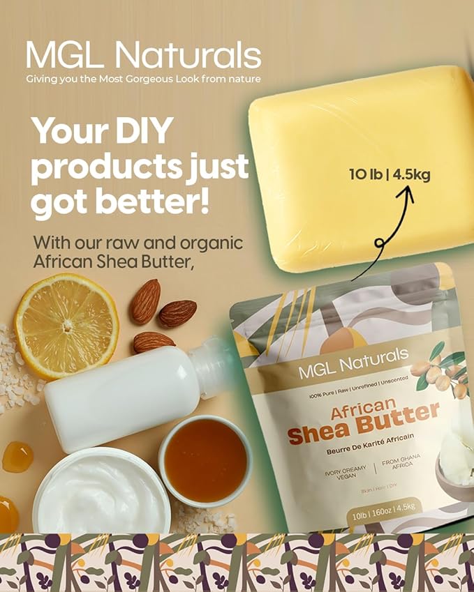MGL Naturals Raw African Shea Butter Ivory 10 lb, 100% Pure and Unrefined. Nourish and moisturize skin and hair. Use alone or DIY recipes. From Ghana (10 lb)