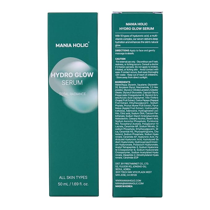 MANIA HOLIC Hydro Glow Serum, Hydrating Facial Serum for Smoother Skin, Made with 10 Hyaluronic Acids, Vitamins B,C, E, & Ceramides, Lightweight and Non-Greasy, Korean Skincare, 1.69 fl oz