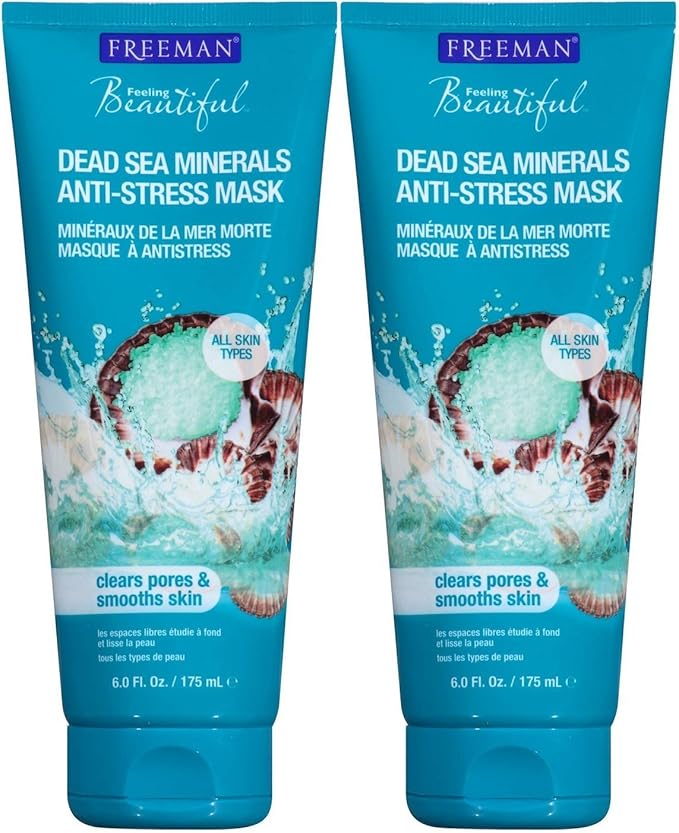 Freeman Anti-Stress Clay Facial Mask with Dead Sea Minerals, Balancing and Clearing Beauty Face Mask, 6 oz, 2 Pack