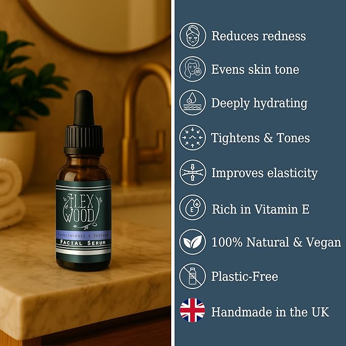 The Ilex Wood - Frankincense and Bergamot Facial Serum - 100% Natural, Vegan, Moisturising for both Men & Women, Cruelty Free, Anti Ageing, Wrinkle and Line Reducing Ingredients - 20ml (0.68 fl oz)