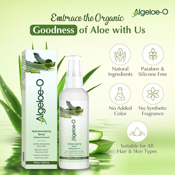 ALGELOE-O Hydraenergizing, Super Hydrating Face Mist Spray with Aloe vera & Hyaluronic acid for Instant Skin Moisturization, Revitalizes & Refreshes Normal Oily Dry & Sensitive skin- 100 ml