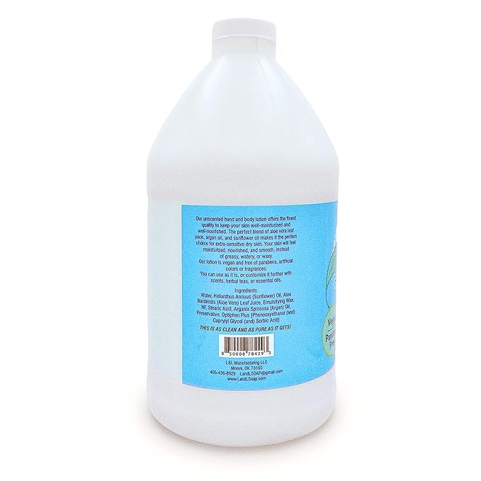 Unscented Aloe Vera Lotion with Argan Oil, Hand-Made moisturizer and body lotion, Non-GMO, Vegan, Made in USA, (Half Gallon)