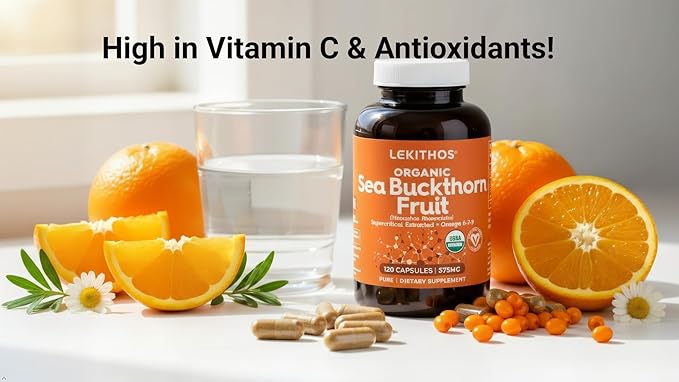 Organic Sea Buckthorn Capsules | Organic Omega 6-7-9 Complex | 1125mg Per Serving | Supports Skin Barrier and Inflammatory Response | USDA Organic, Vegan, Non-GMO, Gluten-Free | 120 Capsules