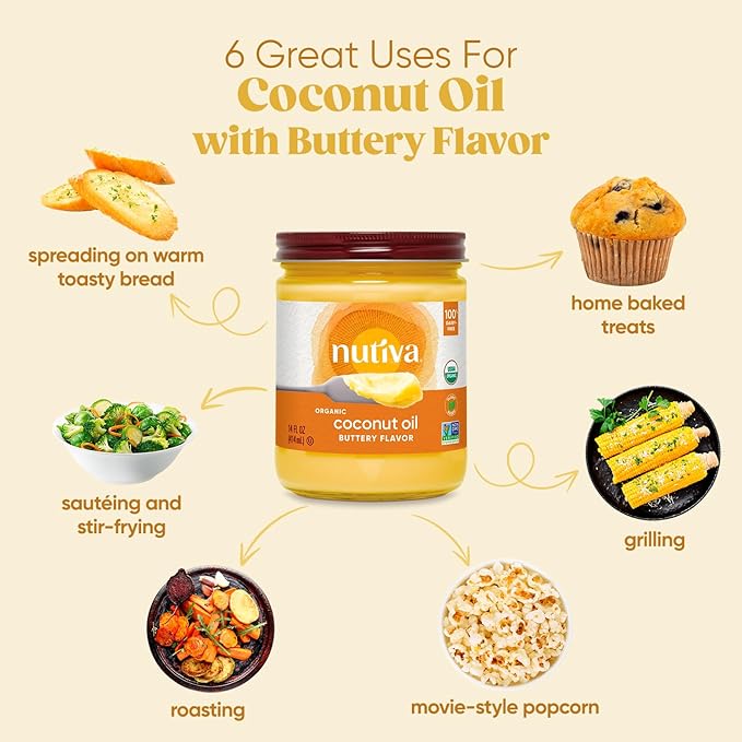 Nutiva Organic Coconut Oil with Non-Dairy Butter Flavor, 14 Ounce (Pack of 2), USDA Organic, Non-GMO, Whole 30 Approved, Vegan & Gluten-Free, Plant-Based Replacement for Butter