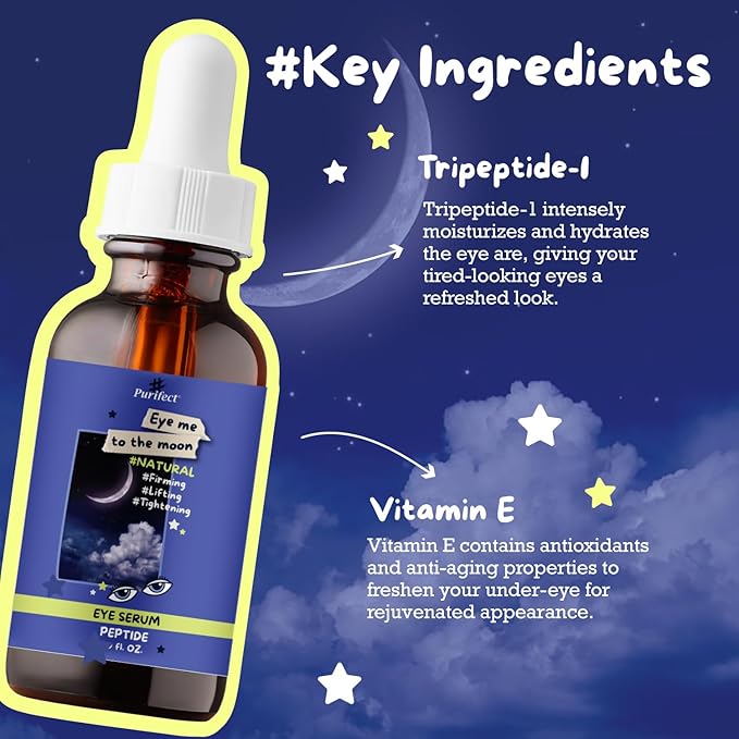 Purifect Eye Me to the Moon Serum for Women & Men - Peptide Under Eye Serum Treatment with Vitamin E, Anti Aging Support, Firming & Lifting, Hydrating, Vegan Skincare, Cruelty Free - 1 fl oz