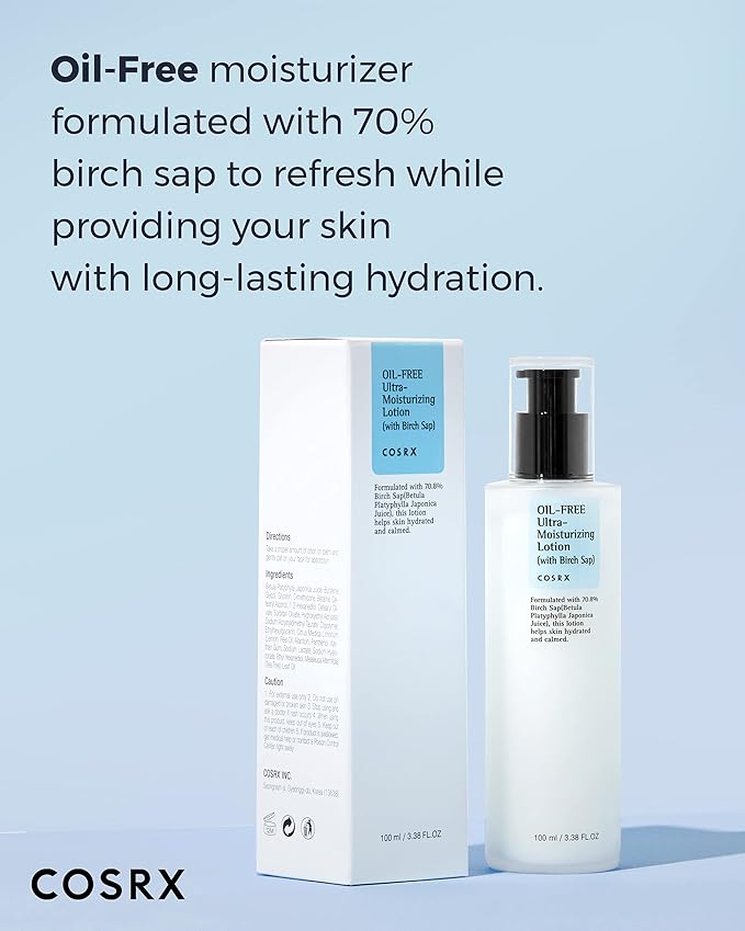 COSRX Oil Free Lotion with Birch Sap, Daily Acne Facial Moisturizer, Hydrating Moisturizer for All Skin Types, Korean Skin Care, 3.38 fl.oz / 100ml